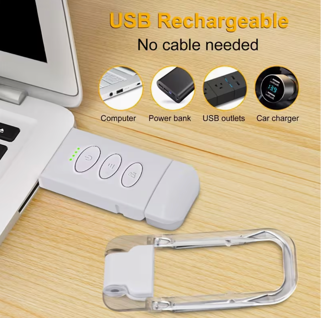 Rechargeable book light with built-in USB plug for cable-free charging