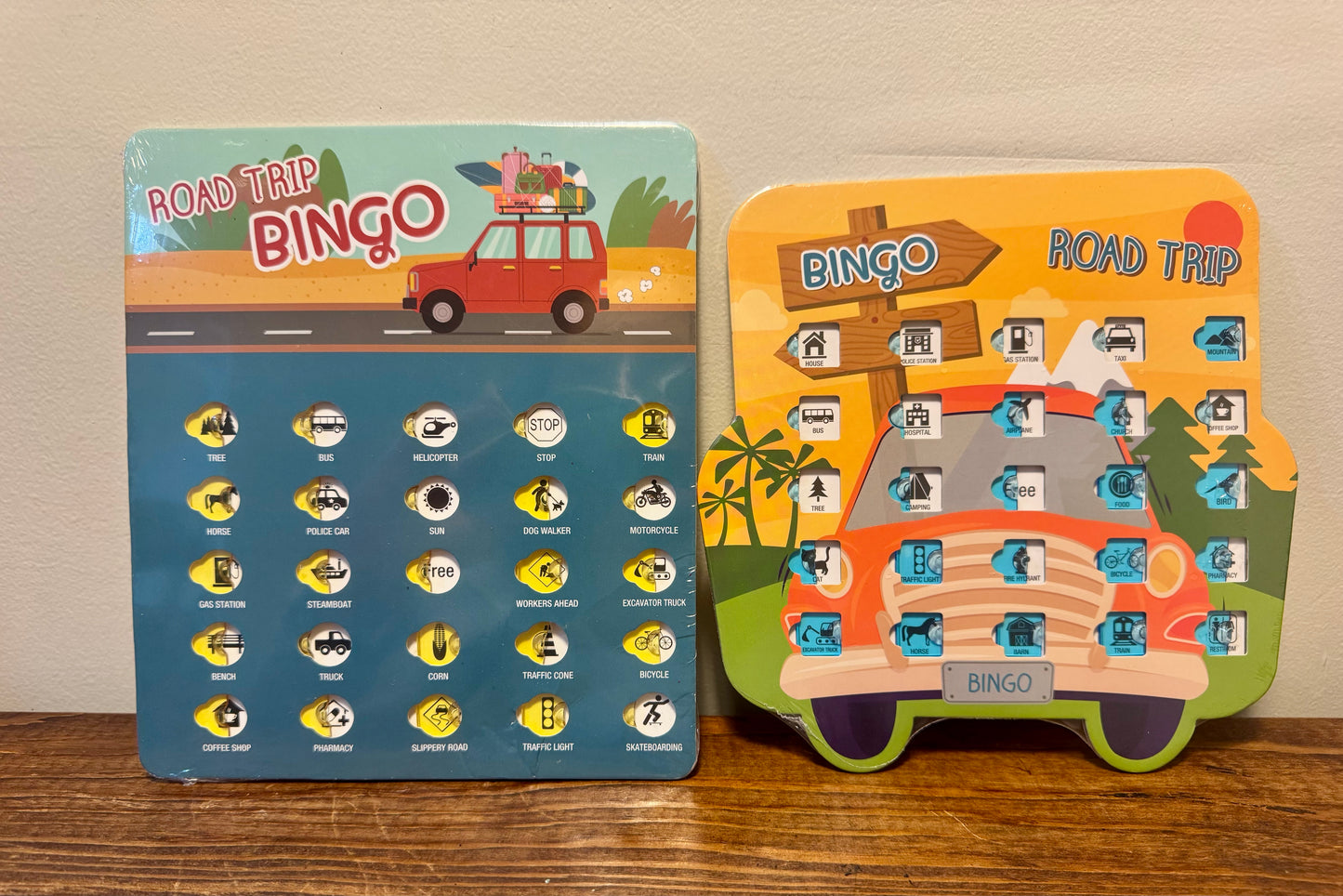 Road trip bingo card featuring colorful icons like stop signs, cows, and airplanes—ideal for kids during long car rides.