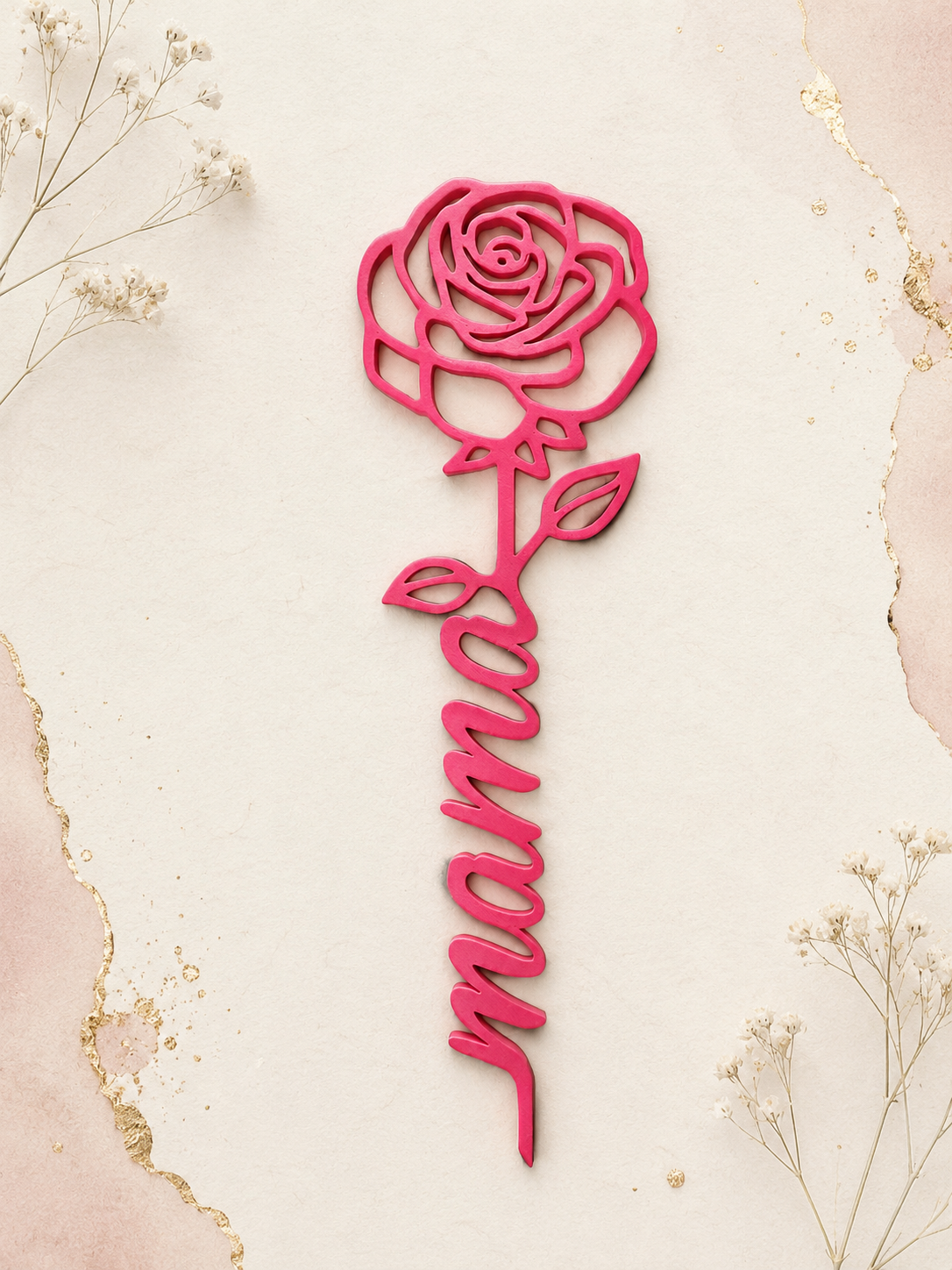 Pink rose-shaped mama bookmark on an elegant cream background with delicate floral accents and gold details