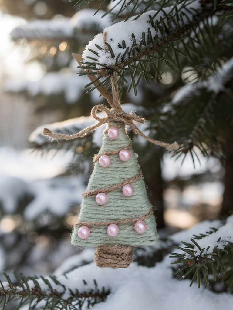 Decorative Christmas tree ornament with pink beads hanging on a snow-covered branch.