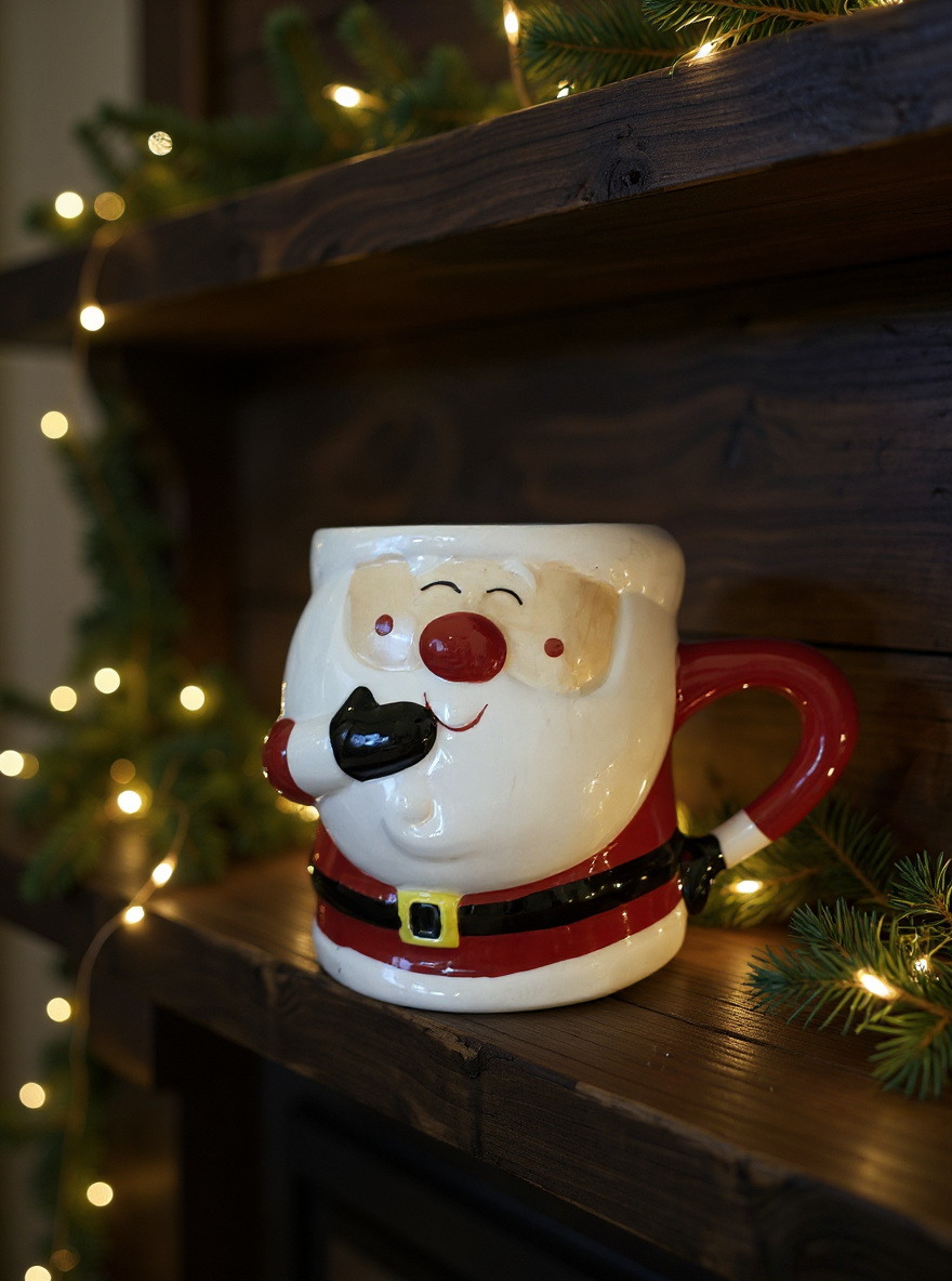 ceramic santa mug on a wooden mantle with Christmas lights and greenery