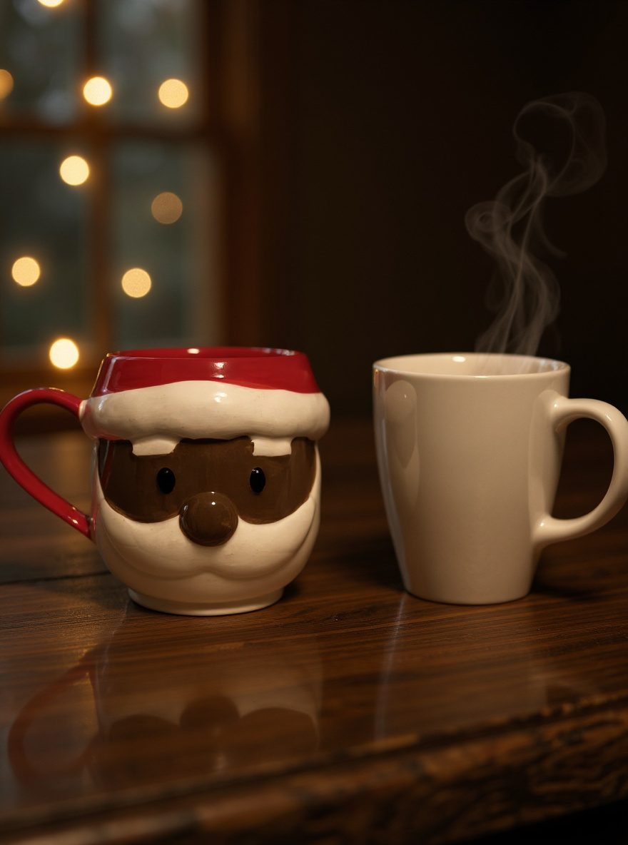 Two mugs on a wooden surface with one resembling a Santa Claus face and the other plain white, against a warm, blurred background.