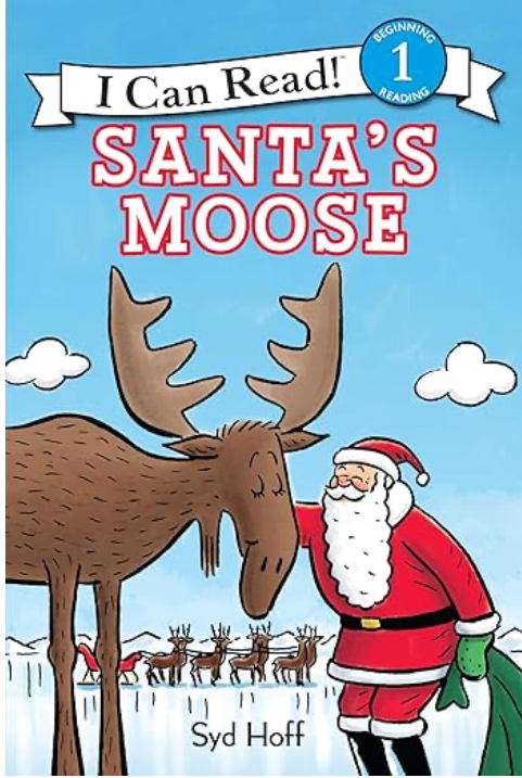 Front cover of Santas Moose by Syd Hoff shown on a festive background, children’s holiday picture book with moose character