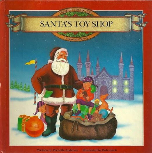 Front cover of Santa’s Toy Shop by Michelle Andrews featuring a festive illustration of Santa’s workshop and toys