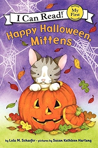 Book cover of 'Happy Halloween, Mittens' featuring a cat on a pumpkin with autumn leaves.