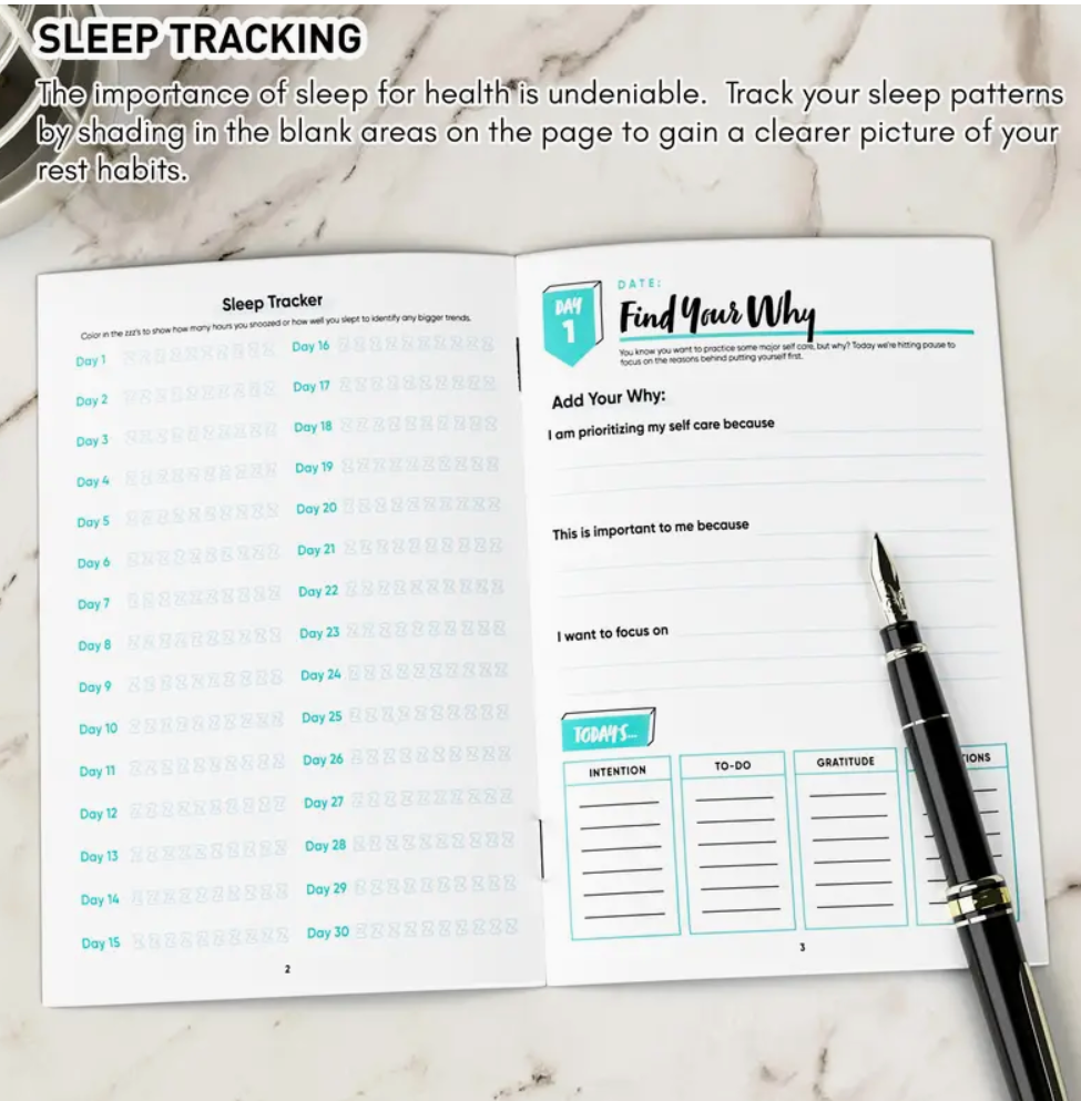 30-day self-care journal open to pages for reflection, mood tracking, sleep log, and daily self-love prompts.