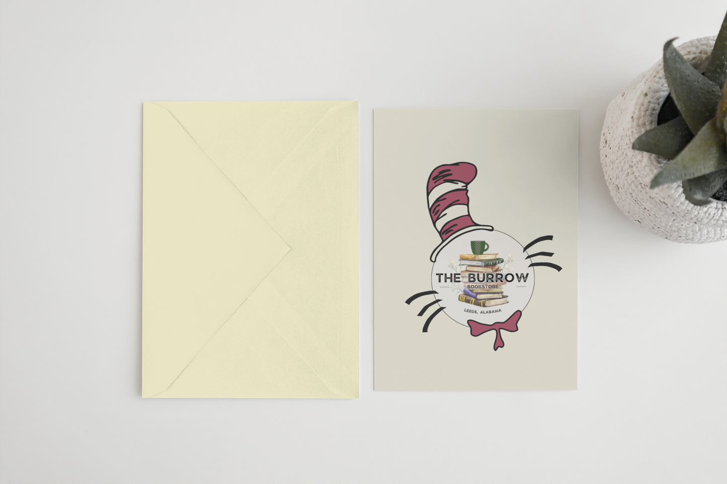 A whimsical card featuring a Dr. Seuss-inspired design and The Burrow Bookstore branding, perfect for book lovers.
