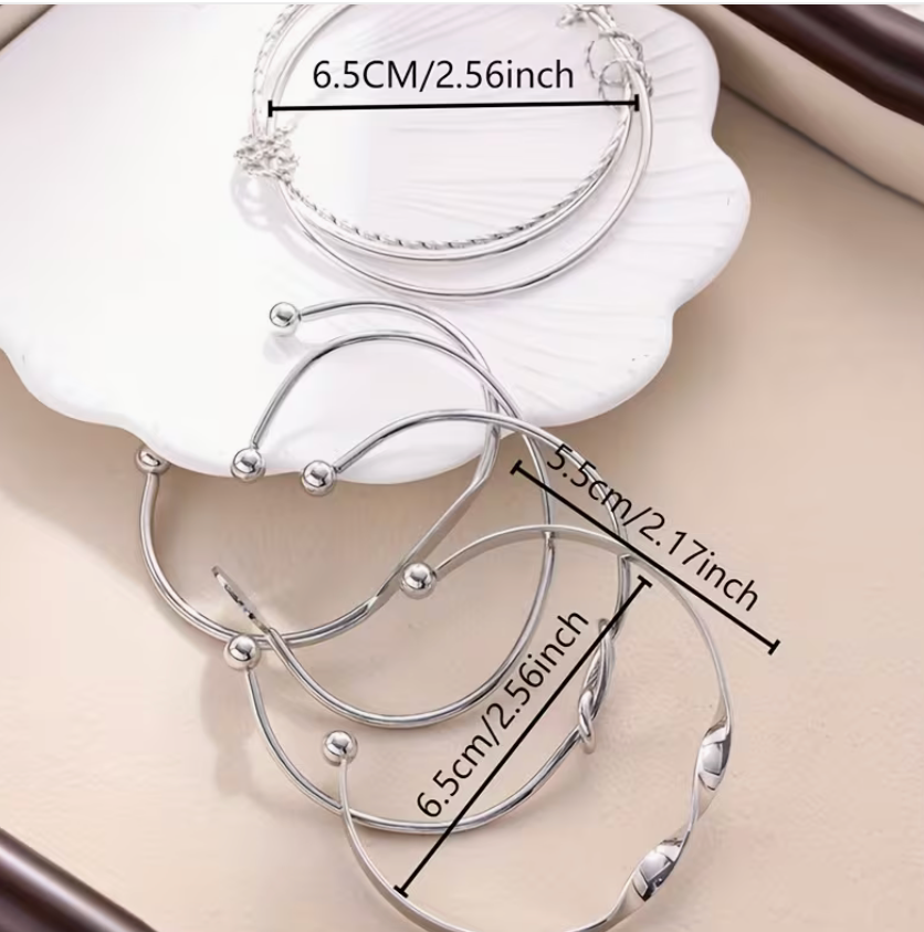 Silver-tone adjustable cuff bracelet shown with sizing measurements and multiple bracelet style variations.