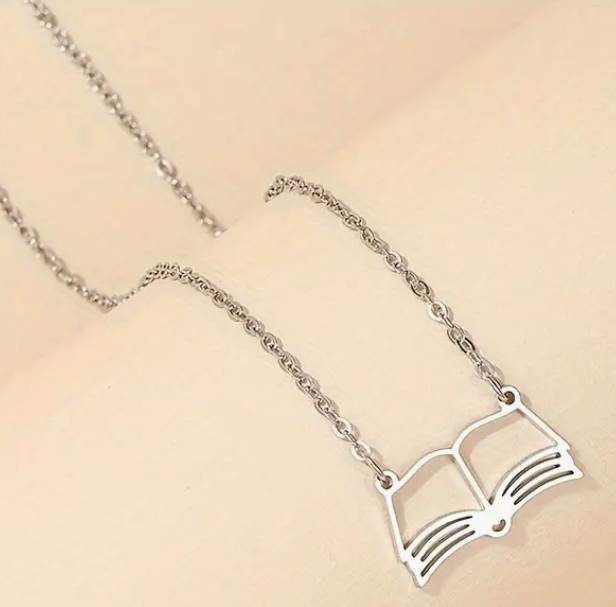 Book Lover's Silver Necklace, an elegant and lightweight accessory for book lovers and literary enthusiasts.
