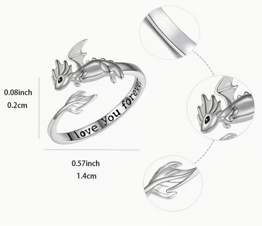 Size guide image showing silver tone adjustable dragon ring with engraved I love you forever text and measurement dimensions in inches and centimeters