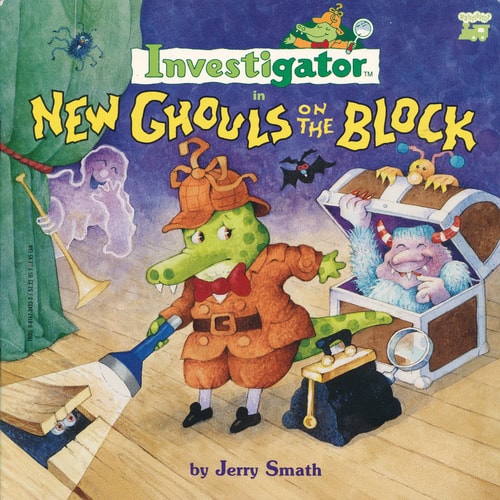 Book cover of 'New Ghouls on the Block' by Investigator, featuring a cartoon alligator detective.