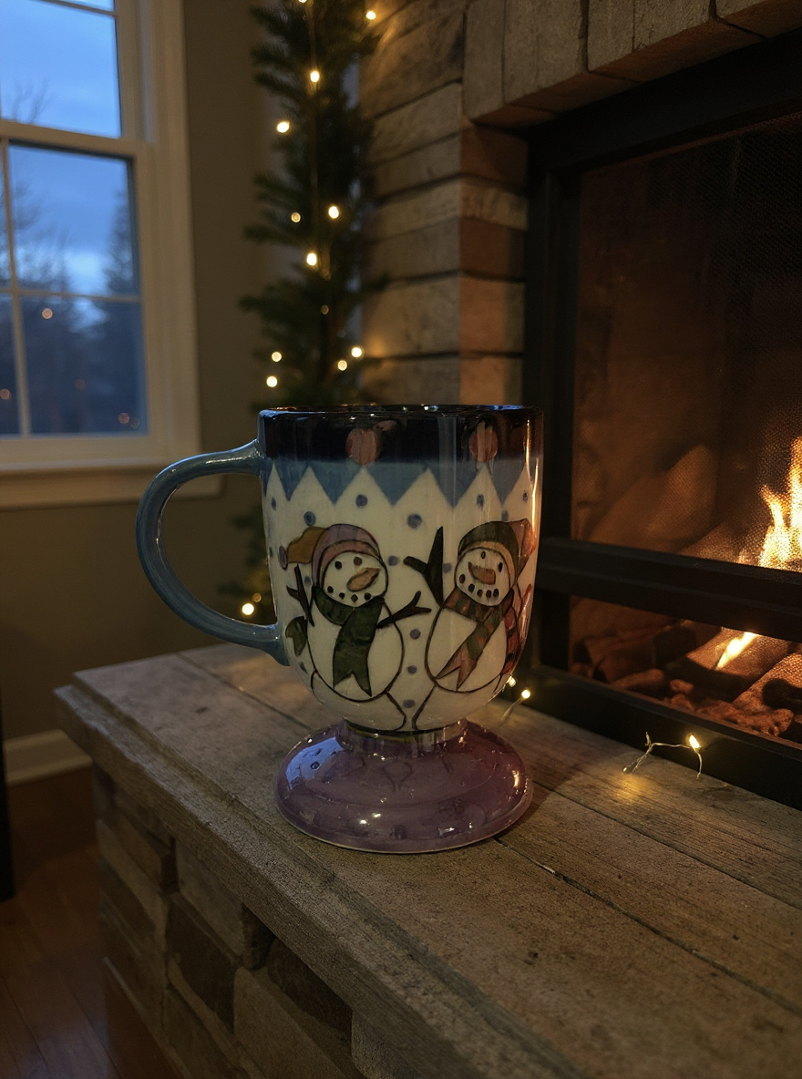 handpainted snowman pedestal mug on a rustic mantle beside a glowing fireplace and holiday lights