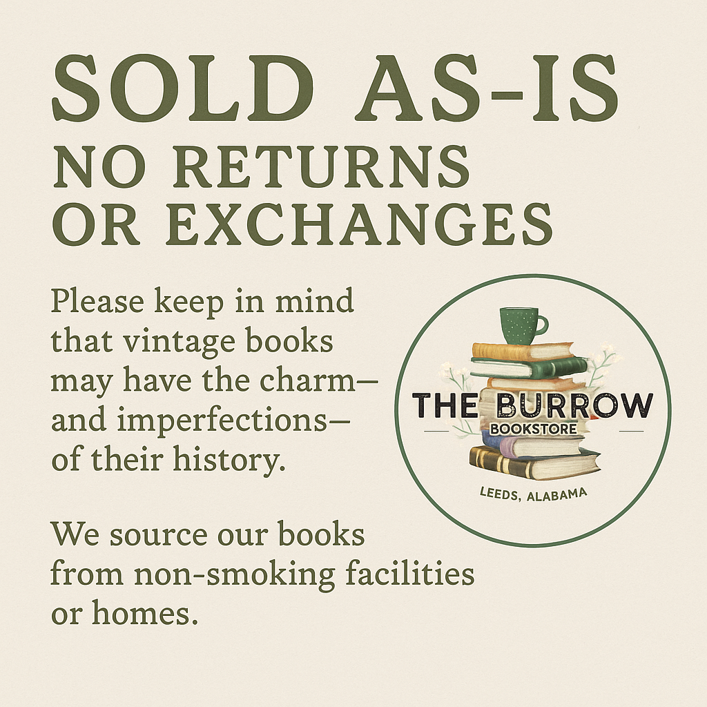 Text and logo for The Burrow Bookstore with a message about vintage books and store policies.
