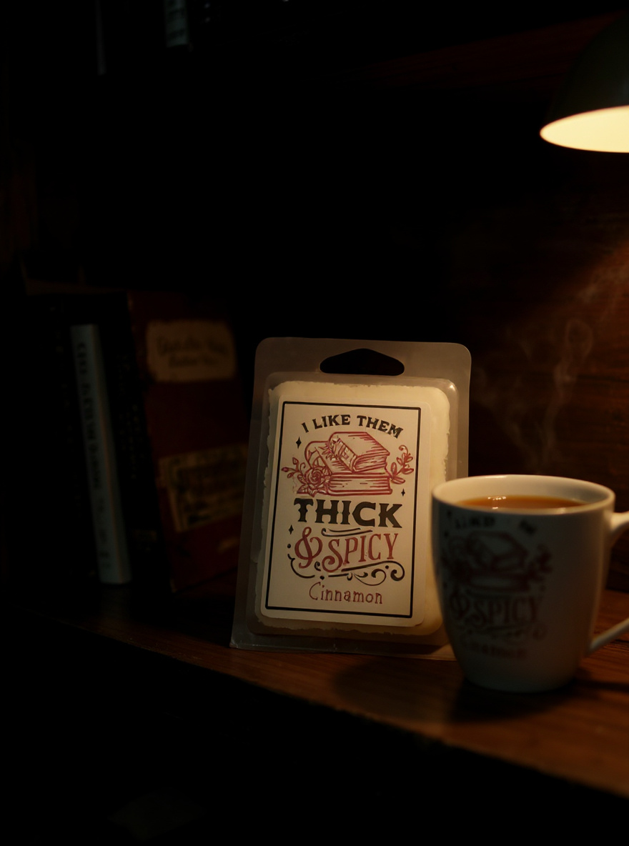 Hand poured soy wax melts titled I Like Them Thick and Spicy in cinnamon and orange spice displayed beside a warm cup of coffee on a bookshelf
