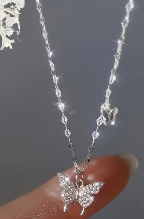 Silver stainless steel butterfly necklace with sparkling butterfly pendant and small butterfly chain accent