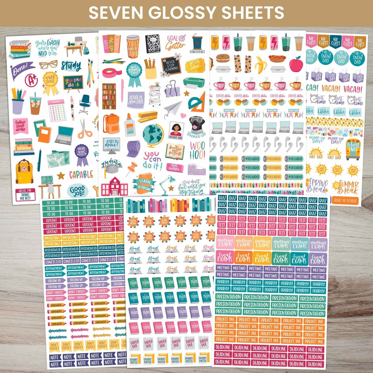 Student sticker pack featuring 8 sheets of hand-drawn icons and phrases for tracking assignments, projects, tests, and breaks—672 repositionable stickers in total.