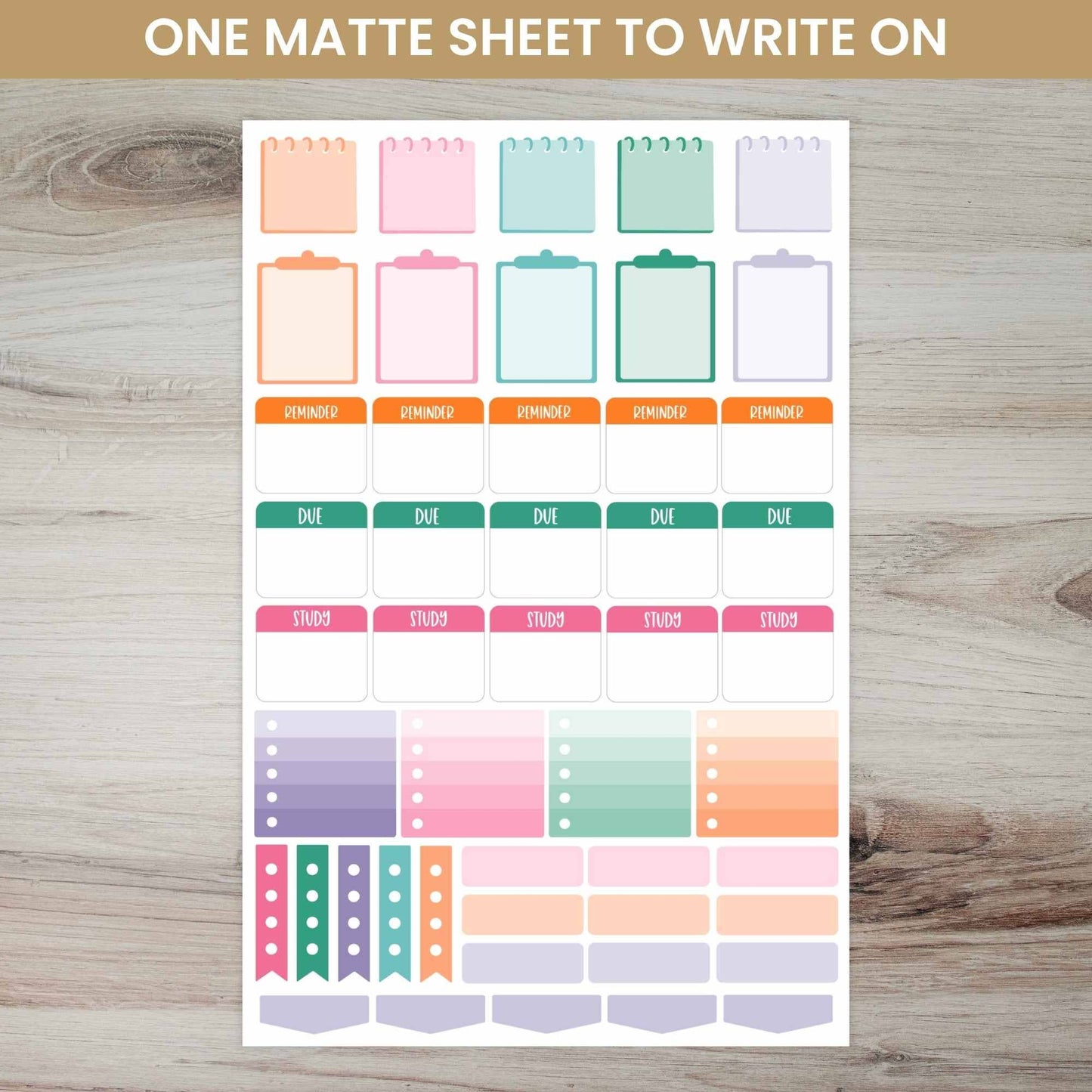 Student sticker pack featuring 8 sheets of hand-drawn icons and phrases for tracking assignments, projects, tests, and breaks—672 repositionable stickers in total.