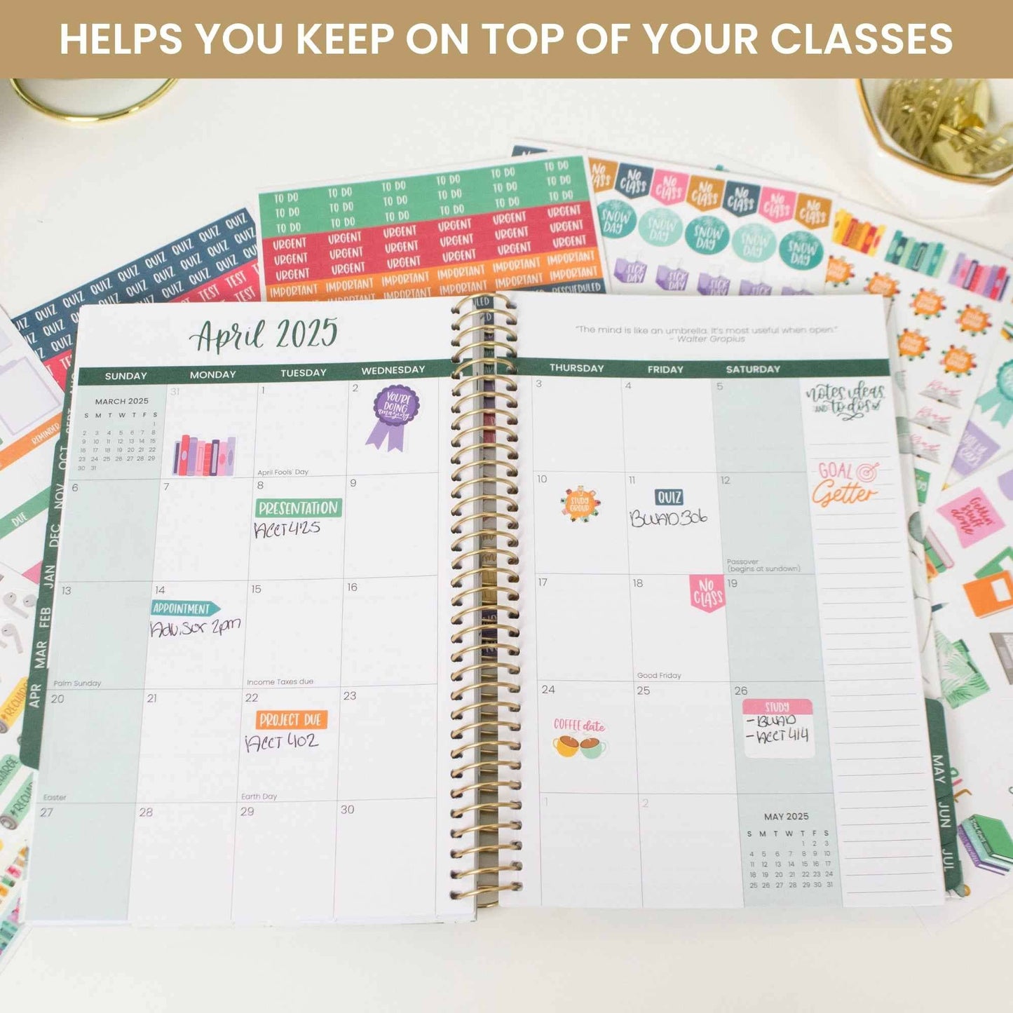 Student sticker pack featuring 8 sheets of hand-drawn icons and phrases for tracking assignments, projects, tests, and breaks—672 repositionable stickers in total.