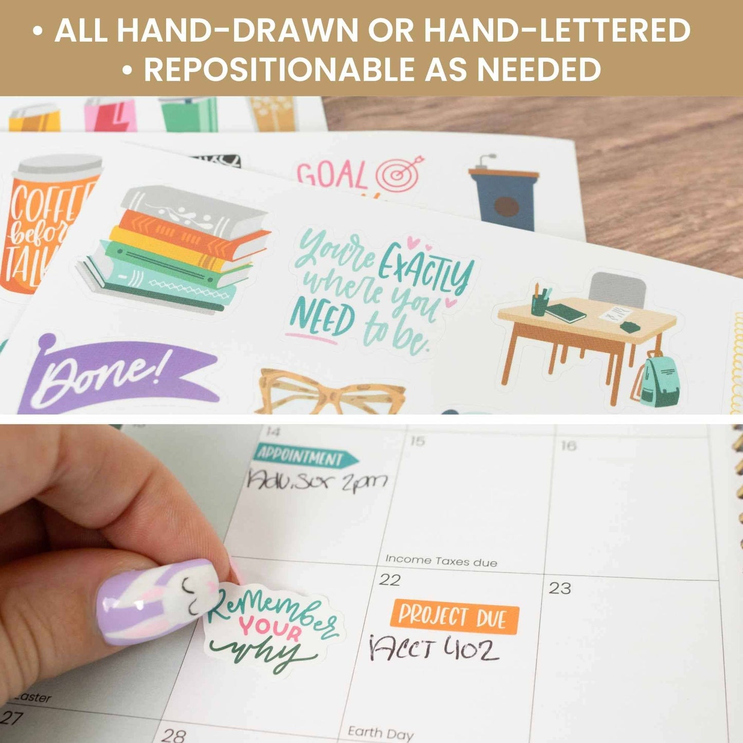 Student sticker pack featuring 8 sheets of hand-drawn icons and phrases for tracking assignments, projects, tests, and breaks—672 repositionable stickers in total.
