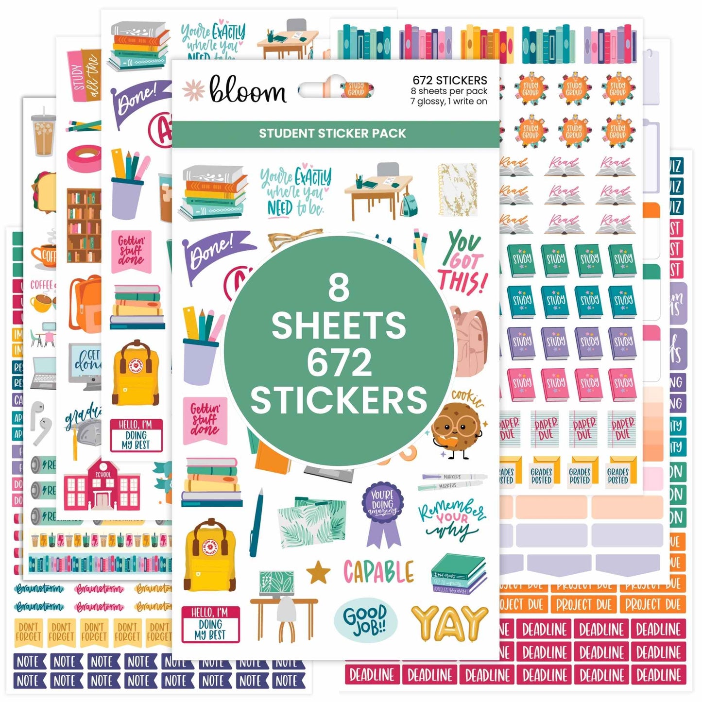 Student sticker pack featuring 8 sheets of hand-drawn icons and phrases for tracking assignments, projects, tests, and breaks—672 repositionable stickers in total.