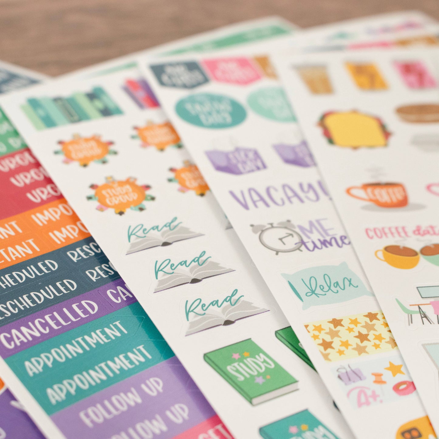 Student sticker pack featuring 8 sheets of hand-drawn icons and phrases for tracking assignments, projects, tests, and breaks—672 repositionable stickers in total.