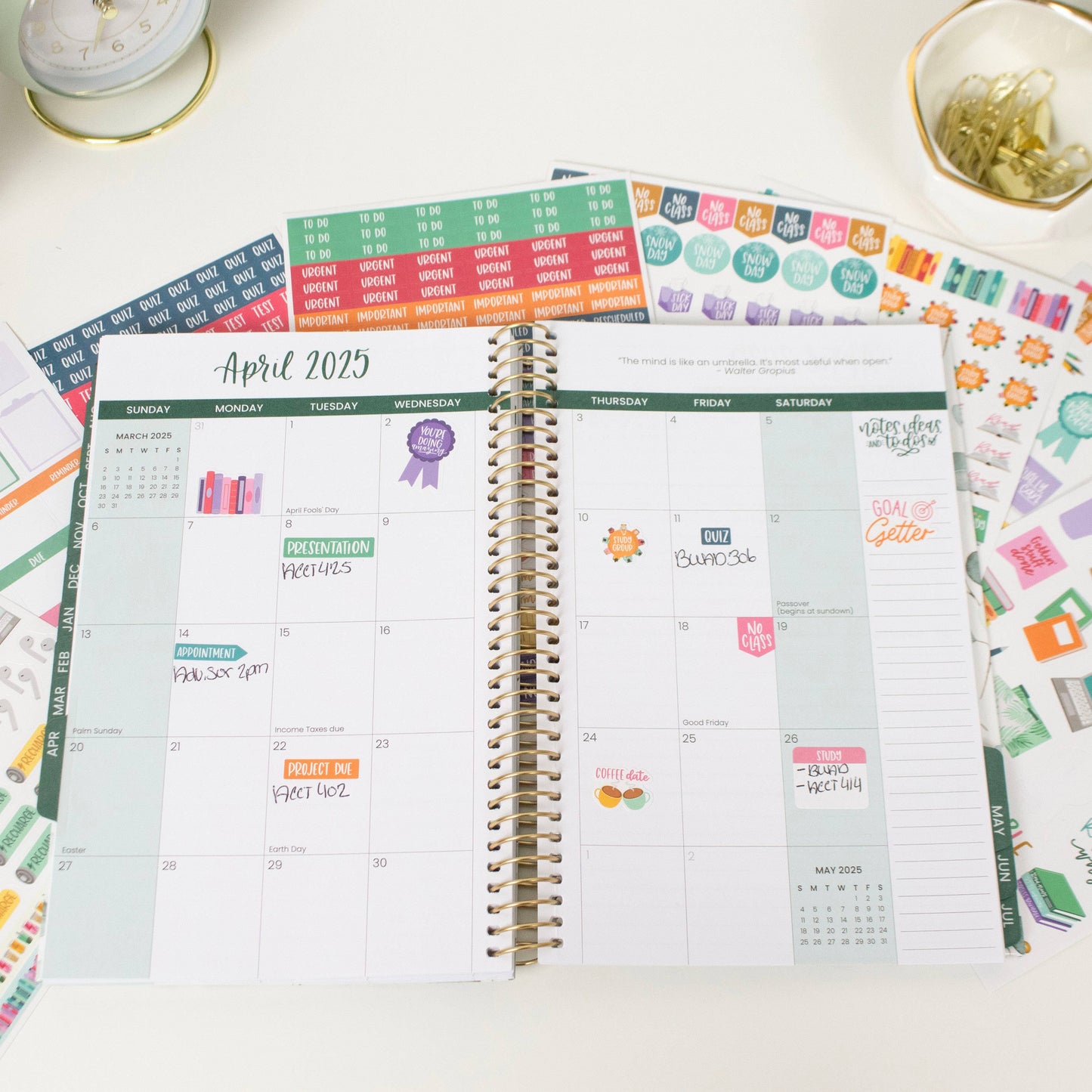 Student sticker pack featuring 8 sheets of hand-drawn icons and phrases for tracking assignments, projects, tests, and breaks—672 repositionable stickers in total.