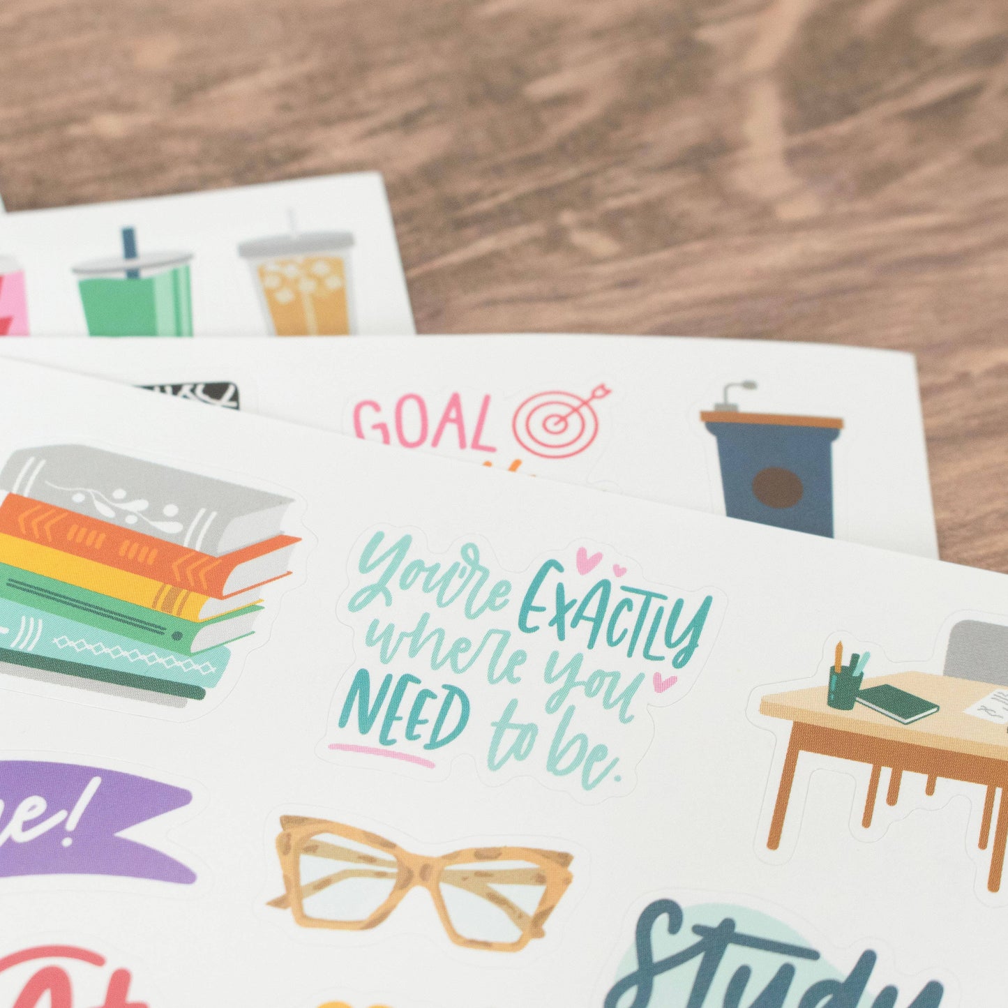 Student sticker pack featuring 8 sheets of hand-drawn icons and phrases for tracking assignments, projects, tests, and breaks—672 repositionable stickers in total.