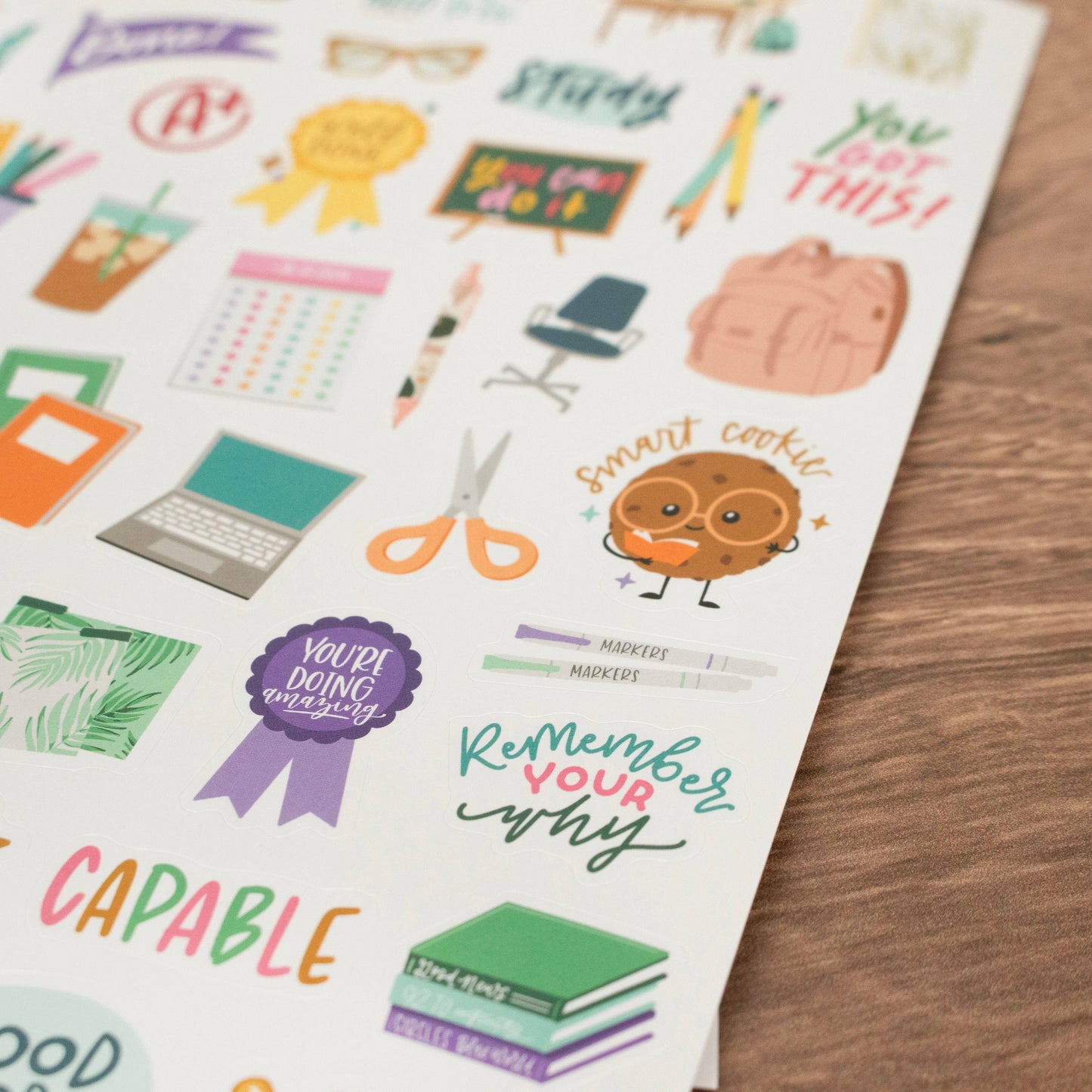 Student sticker pack featuring 8 sheets of hand-drawn icons and phrases for tracking assignments, projects, tests, and breaks—672 repositionable stickers in total.