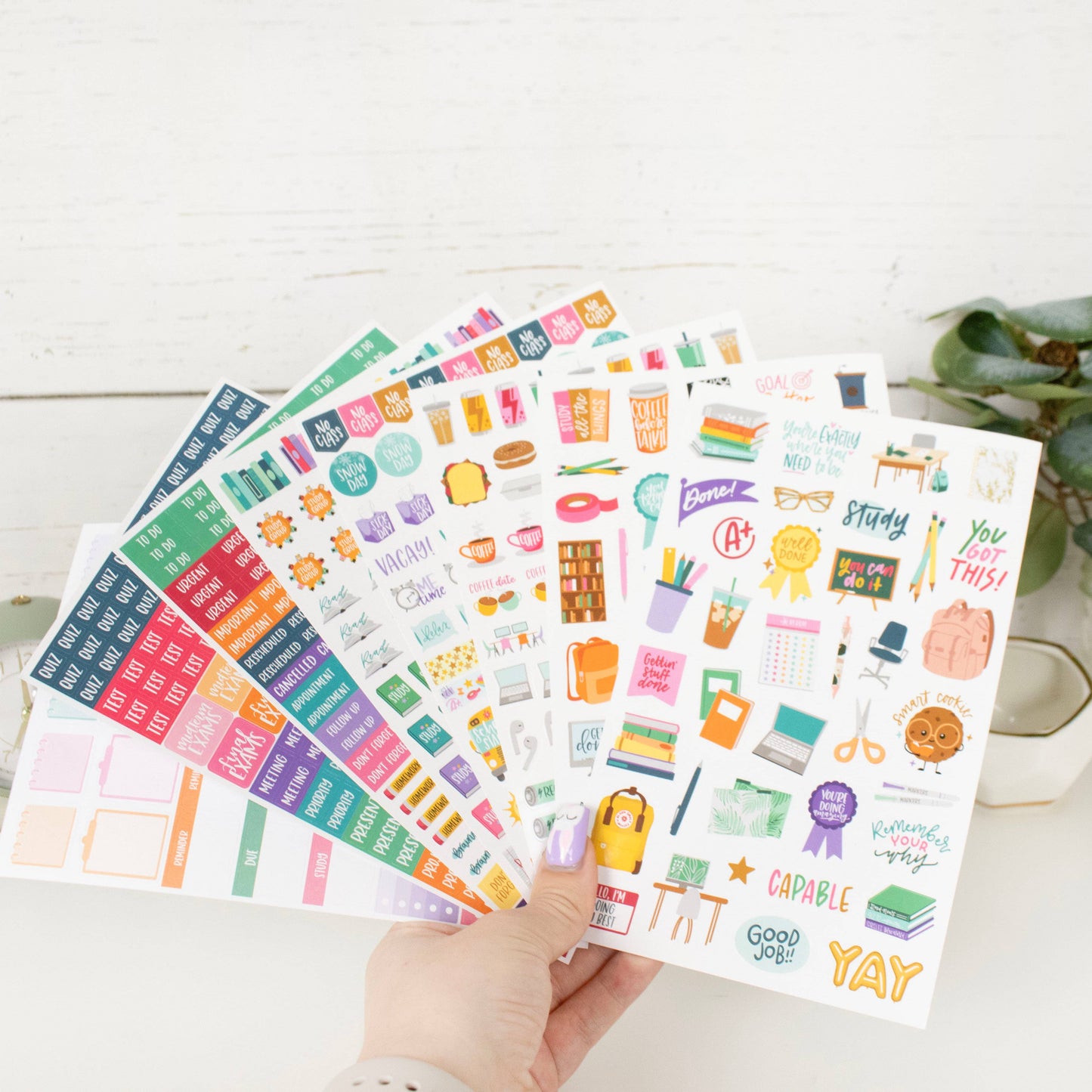 Student sticker pack featuring 8 sheets of hand-drawn icons and phrases for tracking assignments, projects, tests, and breaks—672 repositionable stickers in total.