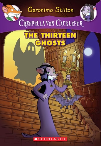 Book cover of 'The Thirteen Ghosts' from Geronimo Stilton series with a ghost character on a staircase.