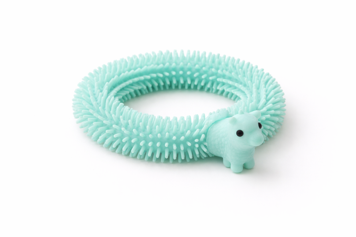 Mint green stretchy spiky fidget toy shaped like a llama, shown coiled into a bracelet, sensory toy for kids and teens.