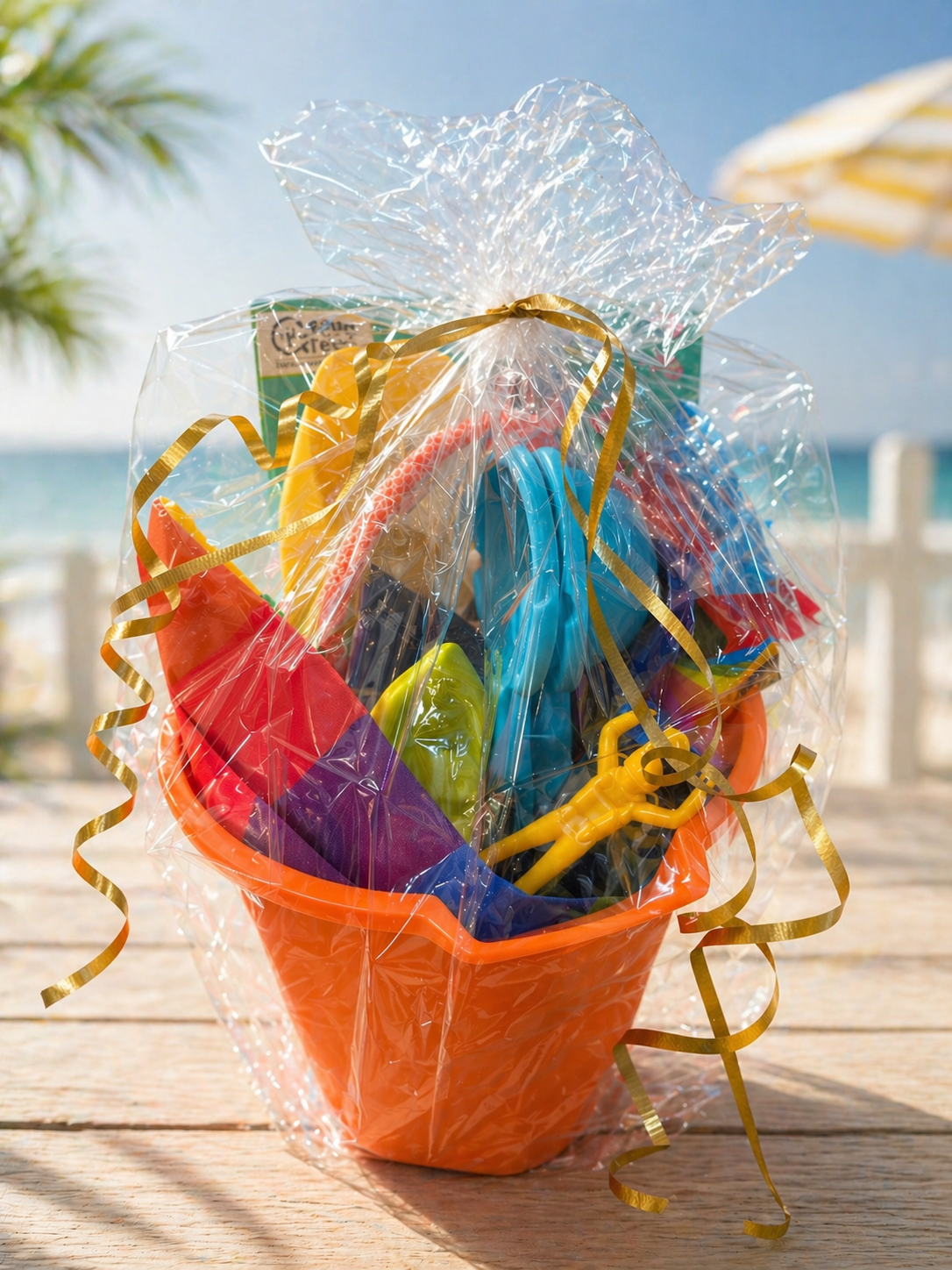 Colorful summer kids gift basket in an orange sand pail filled with beach toys, coloring book, crayons, bubbles, and outdoor play items wrapped in clear gift wrap with ribbon