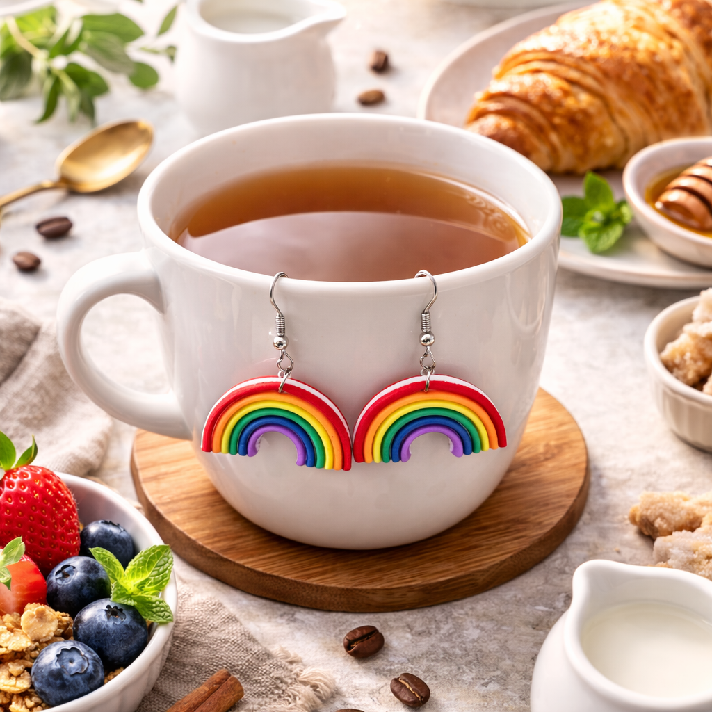 Colorful summer rainbow resin hook dangle earrings displayed on a white coffee mug in a cozy breakfast flat lay setting.