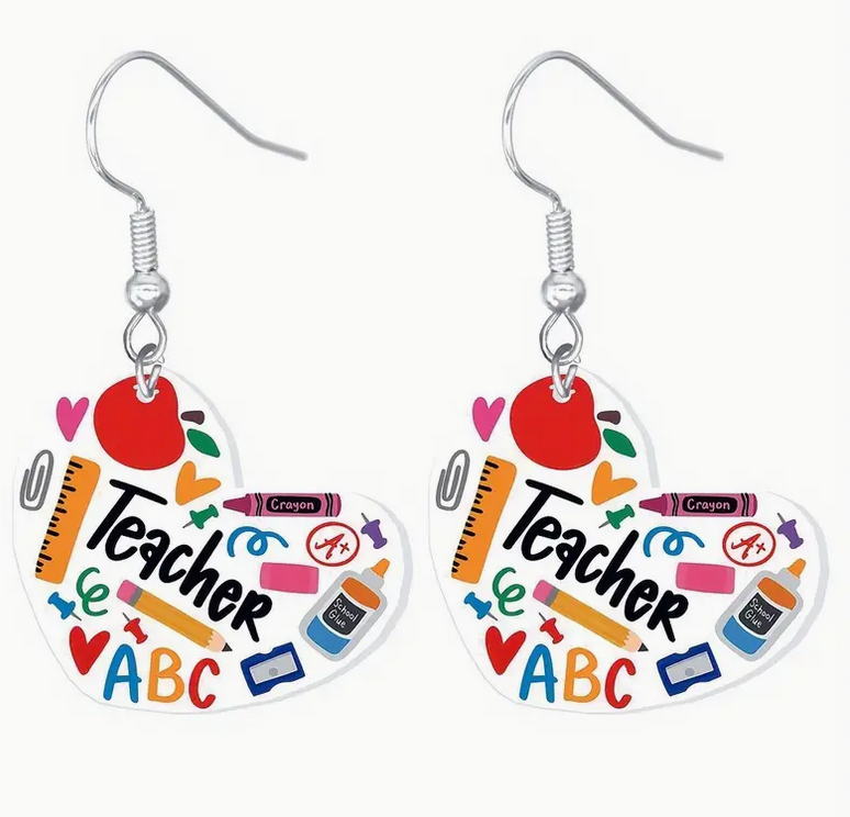Teacher School Supplies Heart Earrings