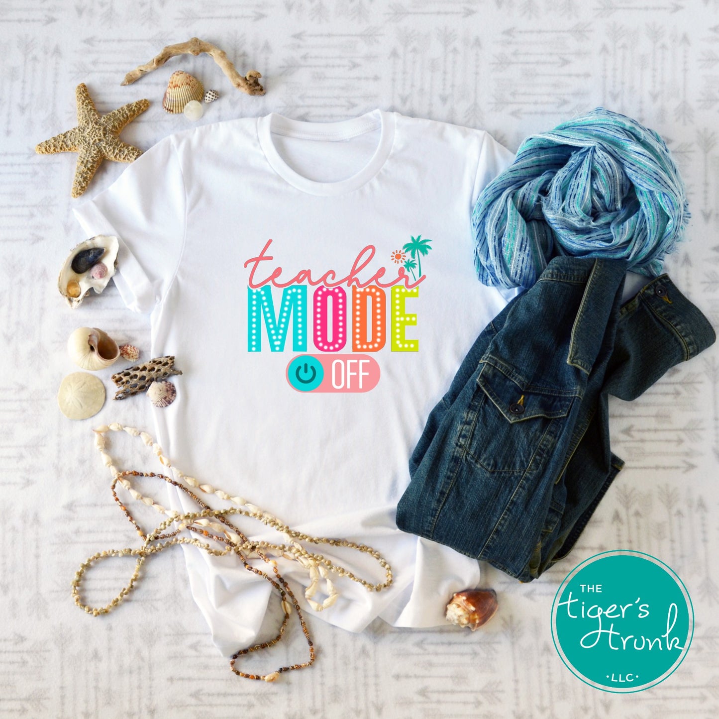 Teacher Mode Off shirt with colorful graphic text, funny educator tee