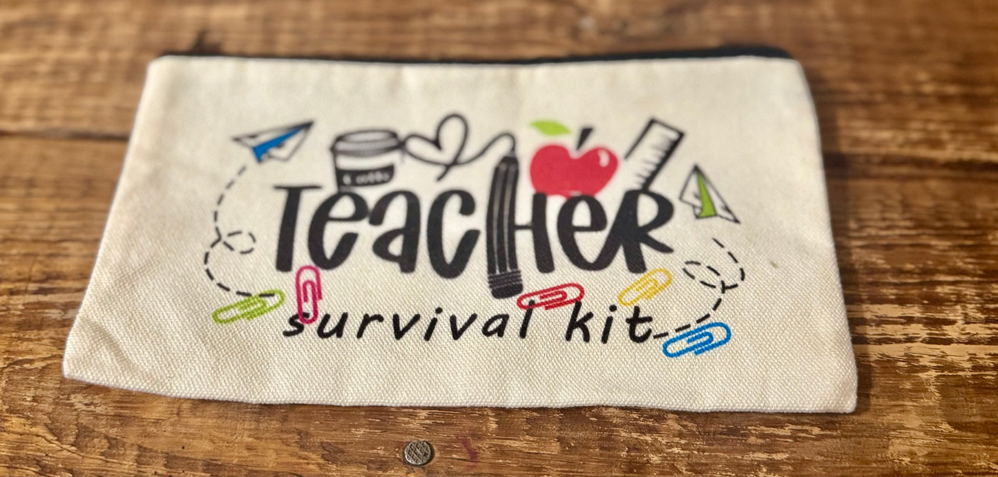 A 5"x8.25" accessories pouch featuring the phrase Teacher Survival Kit, perfect for storing pencils, cosmetics, or classroom essentials.