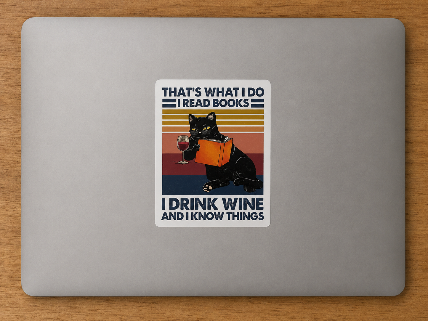 Vintage-style sticker featuring a black cat reading a book with a glass of wine and the phrase "That's What I Do I Read Books I Drink Wine and I Know Things."