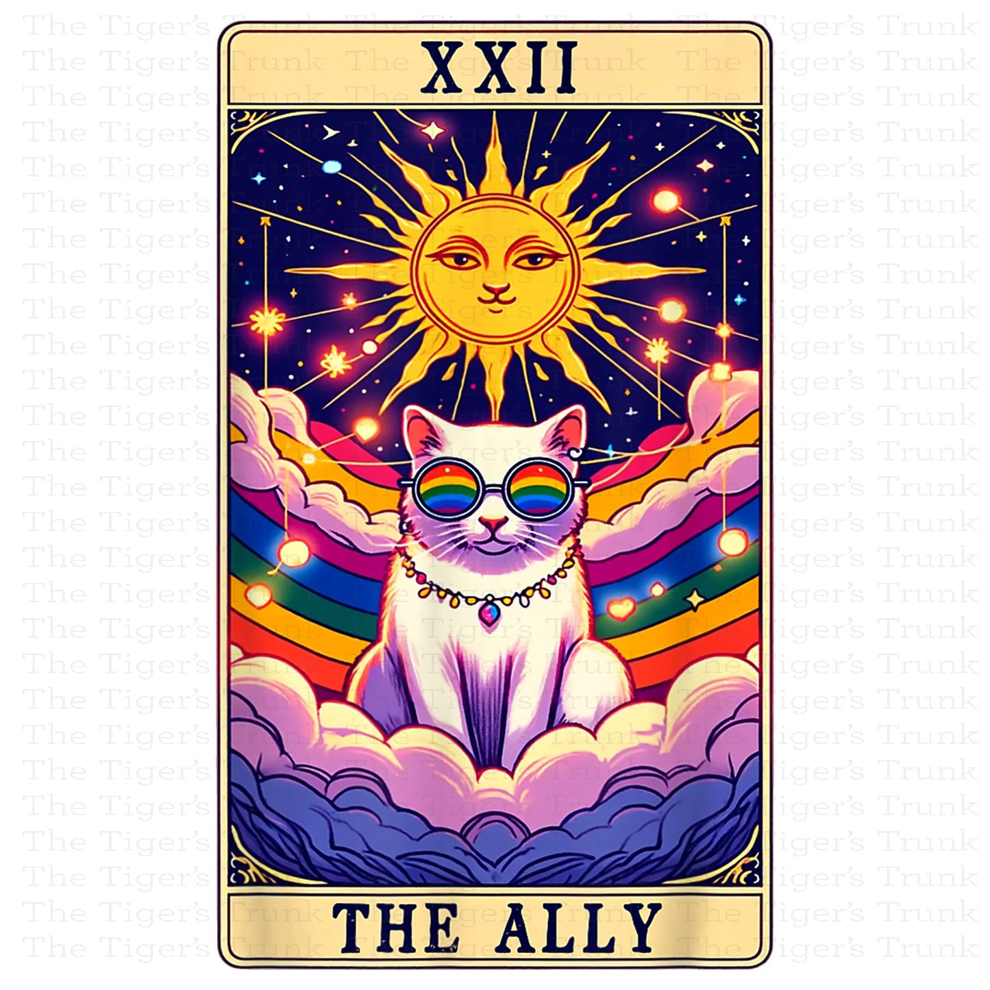 Individual Ally Cats card featuring a rainbow-colored cat with a tarot-style Pride design
