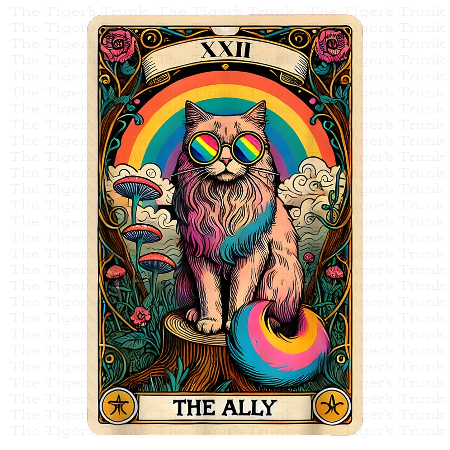 Individual Ally Cats card featuring a rainbow-colored cat with a tarot-style Pride design