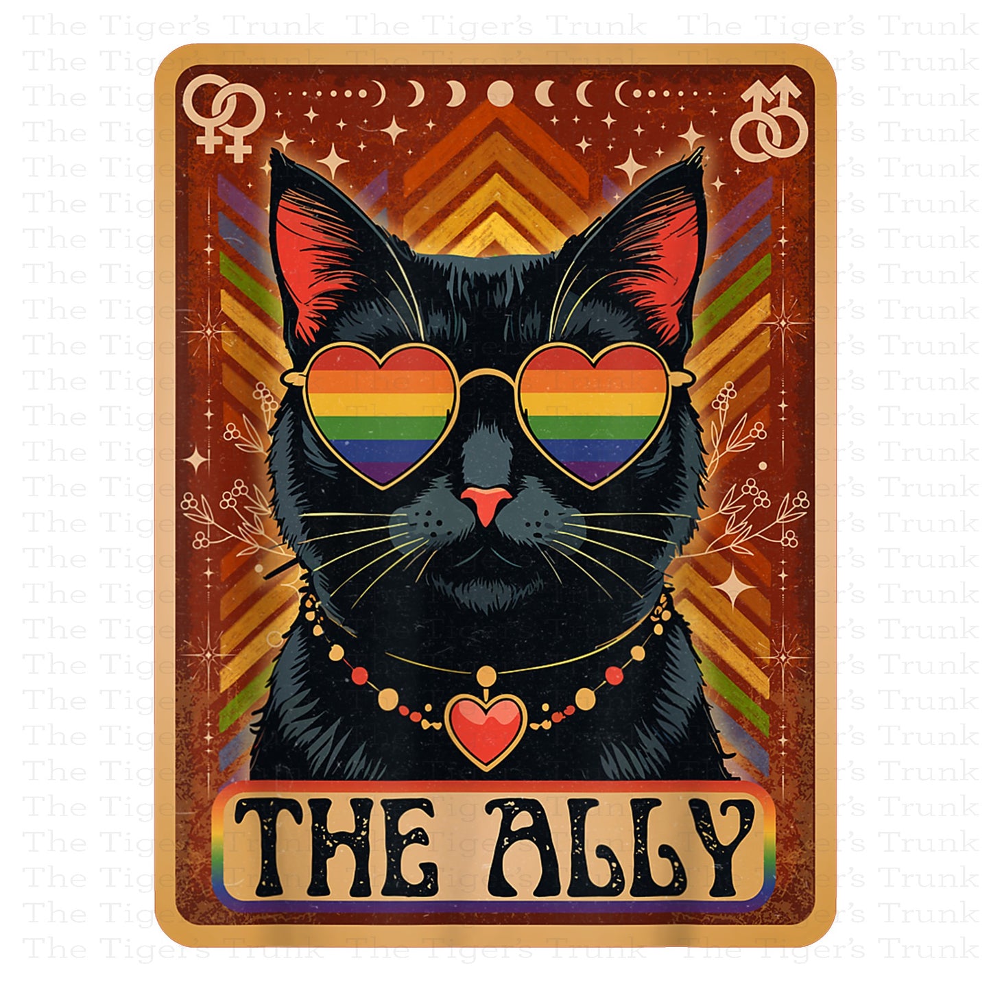 Individual Ally Cats card featuring a rainbow-colored cat with a tarot-style Pride design