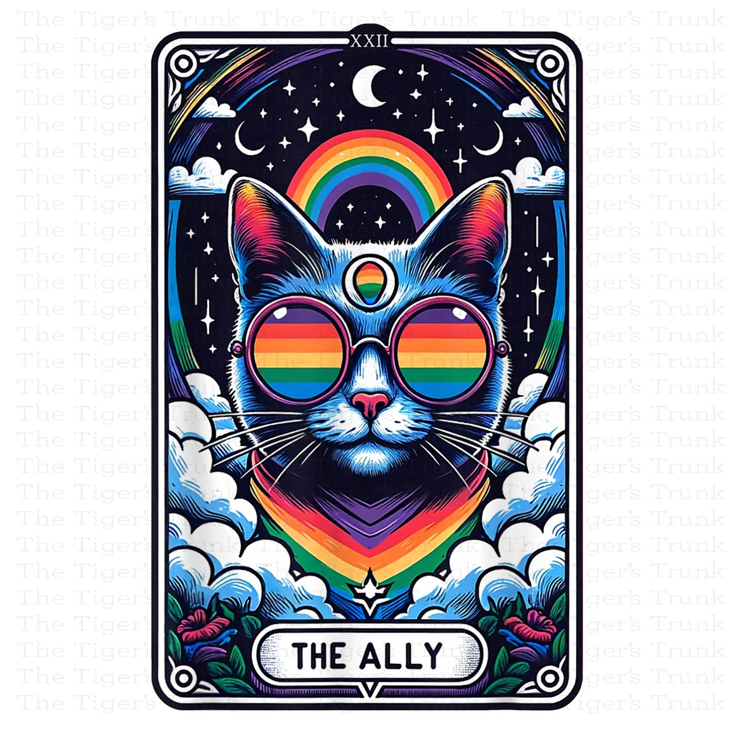 Individual Ally Cats card featuring a rainbow-colored cat with a tarot-style Pride design