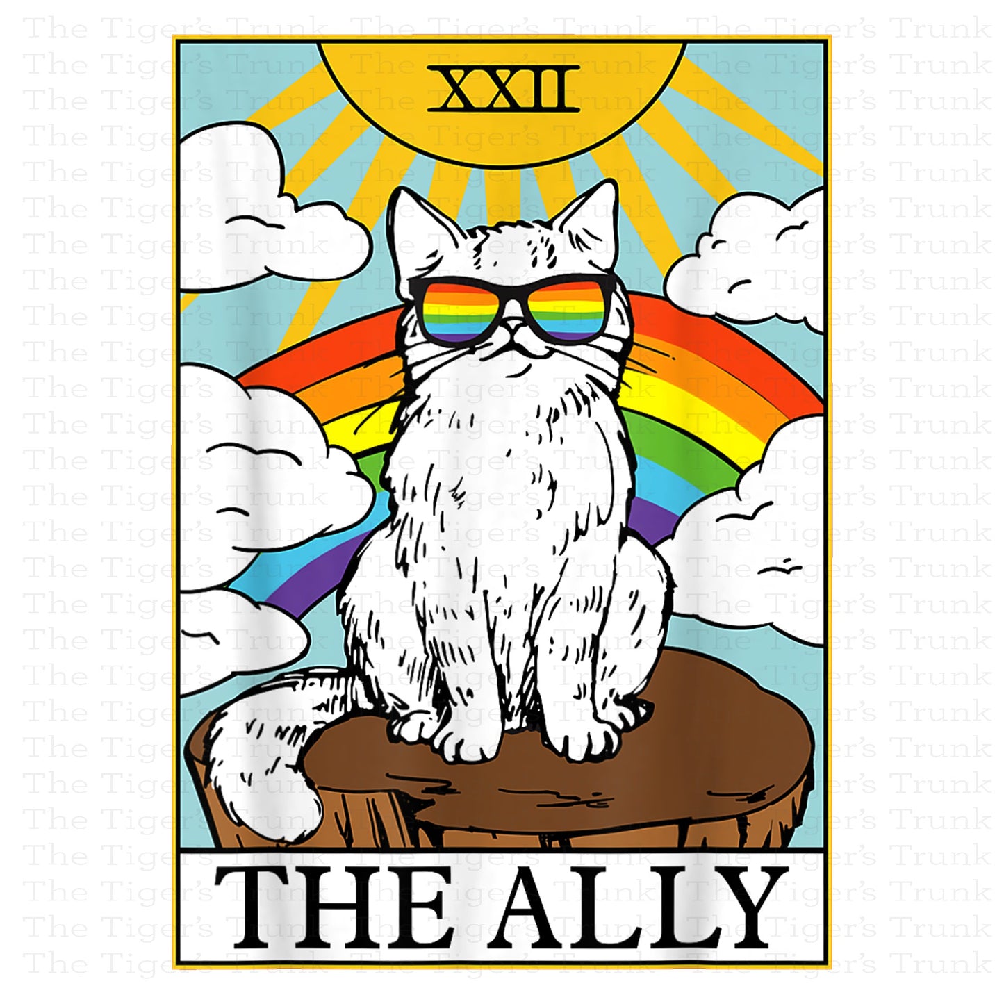 Individual Ally Cats card featuring a rainbow-colored cat with a tarot-style Pride design