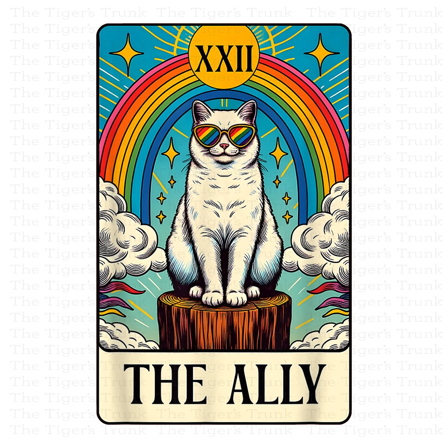 Individual Ally Cats card featuring a rainbow-colored cat with a tarot-style Pride design