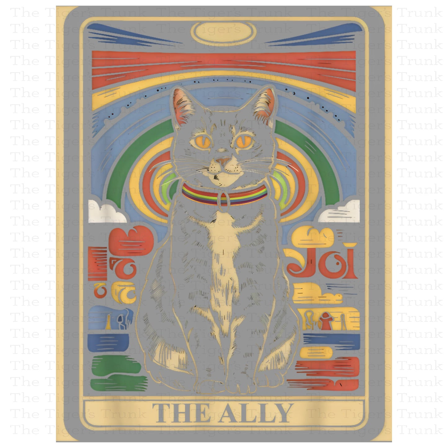 Individual Ally Cats card featuring a rainbow-colored cat with a tarot-style Pride design