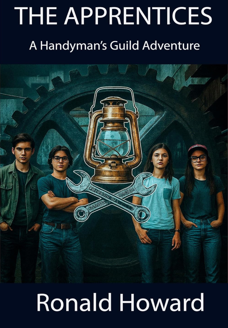 Cover of The Apprentices: A Handyman’s Guild Adventure by Ronald Howard featuring four young apprentices, crossed wrenches, a lantern and industrial gears