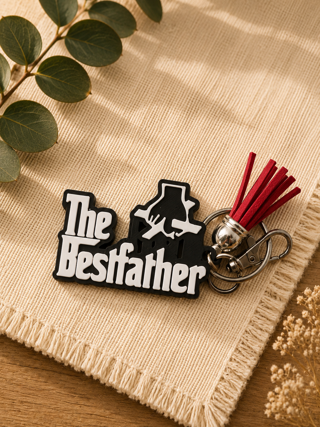 3D printed The Bestfather keychain with red tassel displayed beside eucalyptus leaves and dried florals on neutral fabric backdrop