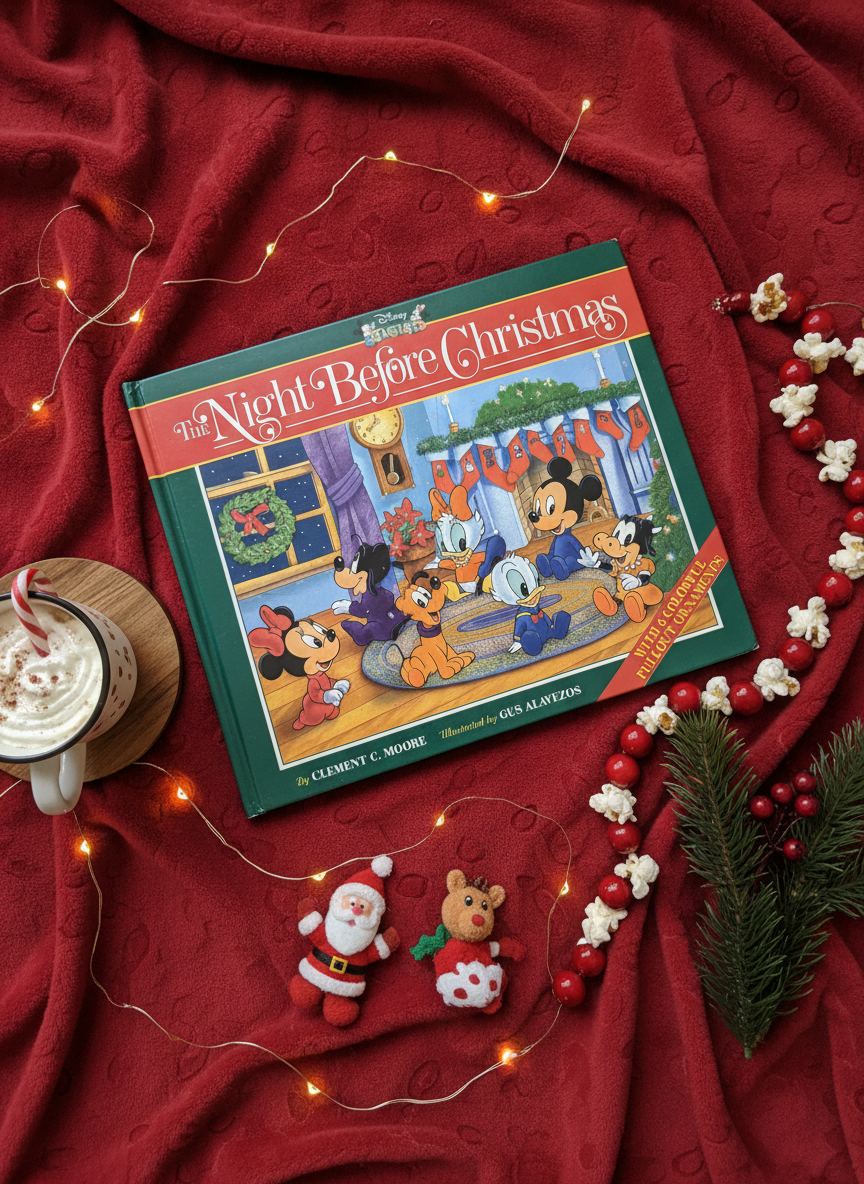 Front cover of The Night Before Christmas Disney edition by Clement Moore featuring festive Disney-style holiday illustrations