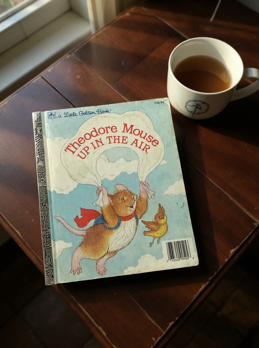 Front cover of Theodore Mouse Up in the Air Little Golden Book by Miriam Young featuring Theodore Mouse soaring through the air in a gentle, whimsical scene