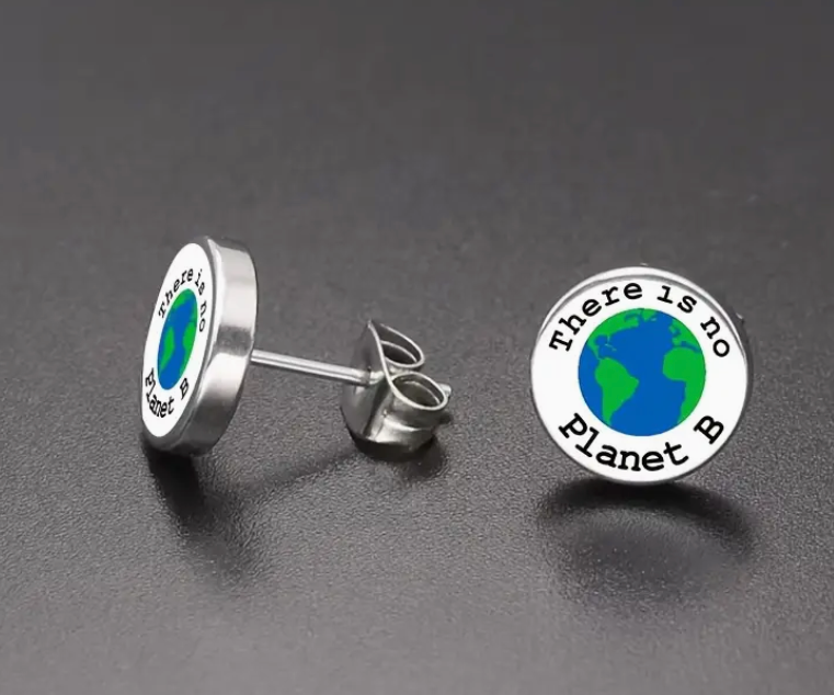 Pair of Earth Day-themed earrings featuring the phrase There Is No Planet B, perfect for eco-conscious fashion and environmental awareness.