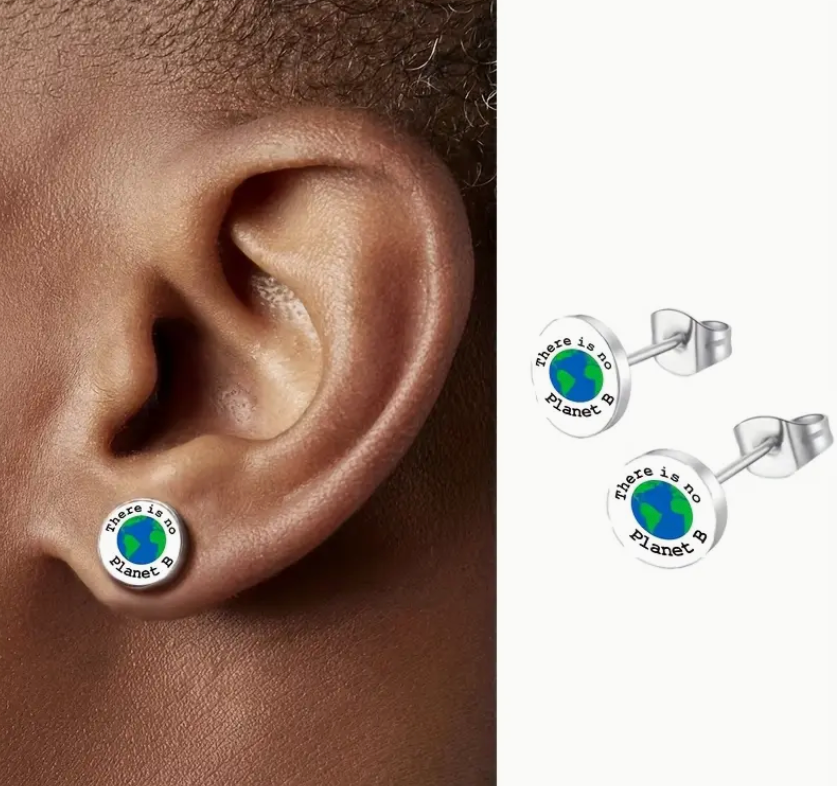 Pair of Earth Day-themed earrings featuring the phrase There Is No Planet B, perfect for eco-conscious fashion and environmental awareness.